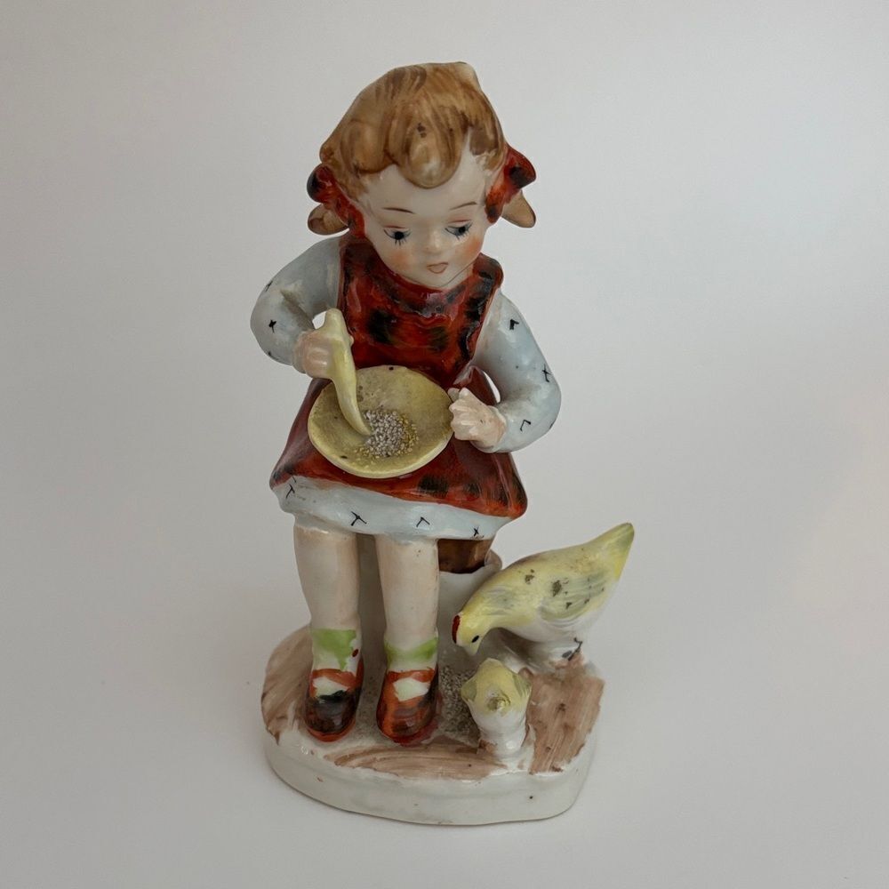 Occupied Japan Vintage Figurine Little Girl Feeding Chickens 5.5”